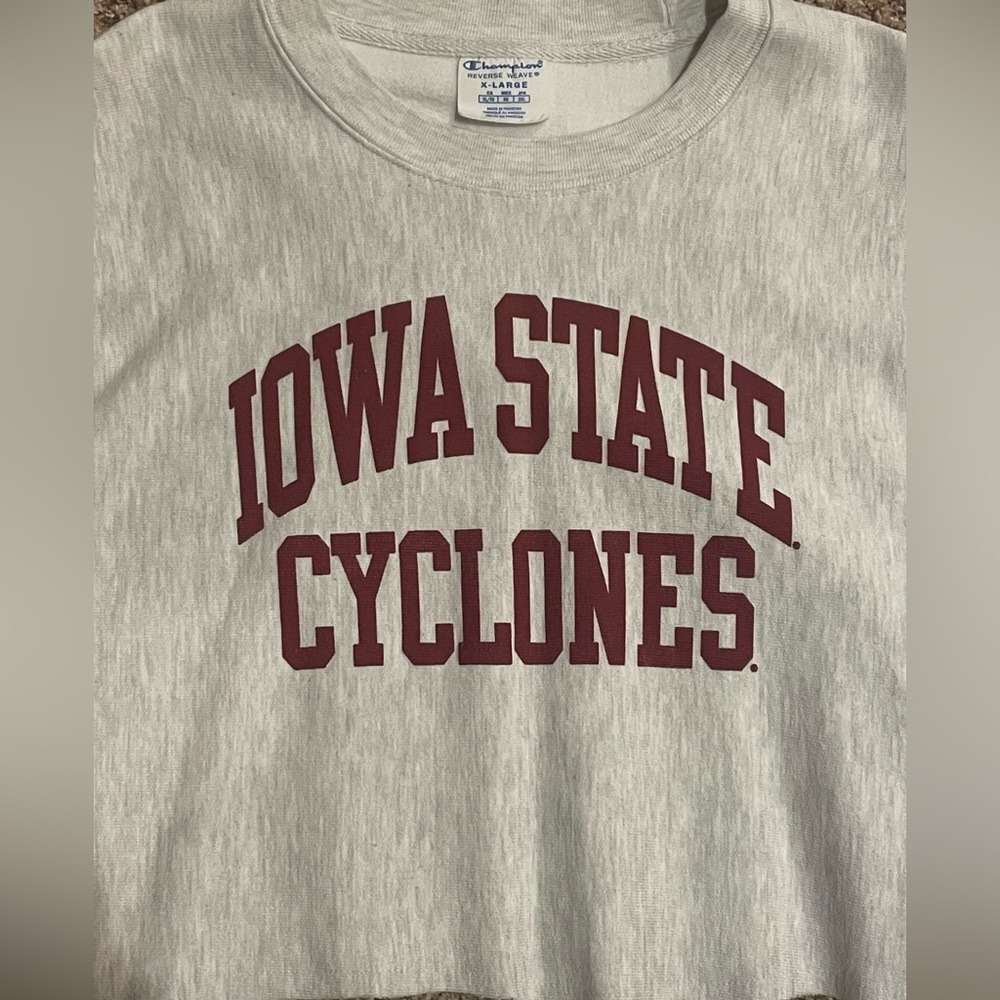 Champion Iowa State Cyclones Gray Crewneck with Maroon Print reverse weave.